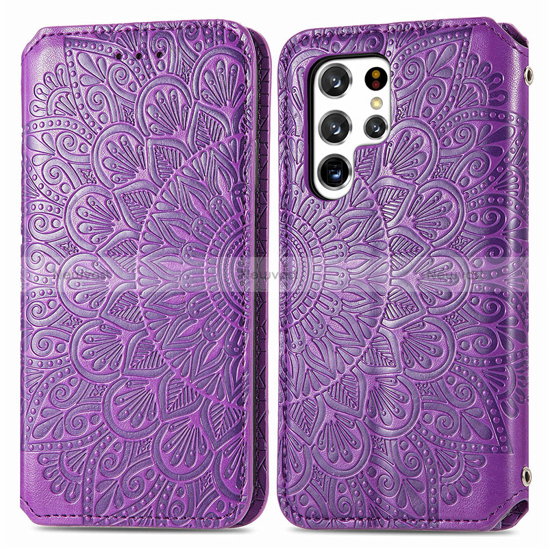 Leather Case Stands Fashionable Pattern Flip Cover Holder for Samsung Galaxy S24 Ultra 5G Purple