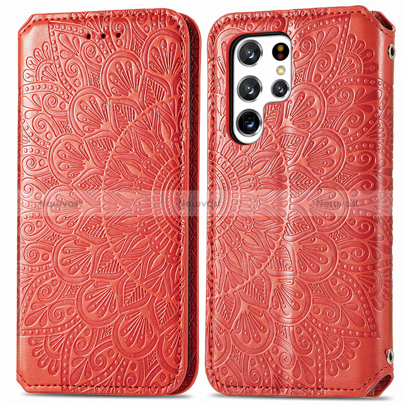 Leather Case Stands Fashionable Pattern Flip Cover Holder for Samsung Galaxy S24 Ultra 5G Red