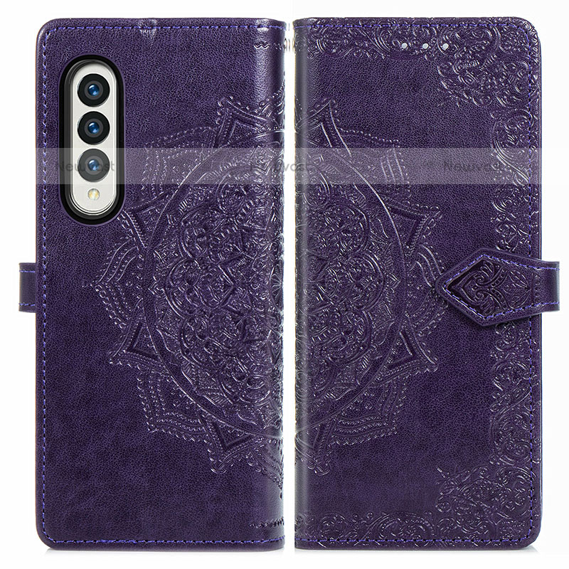 Leather Case Stands Fashionable Pattern Flip Cover Holder for Samsung Galaxy Z Fold3 5G Purple