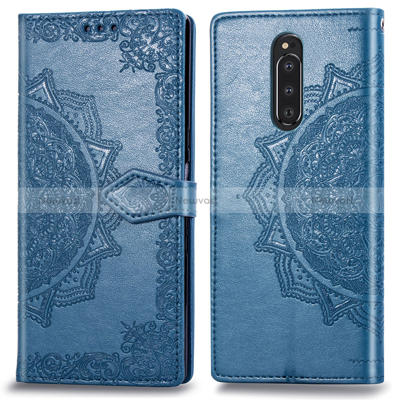 Leather Case Stands Fashionable Pattern Flip Cover Holder for Sony Xperia 1 Blue