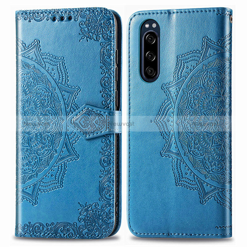 Leather Case Stands Fashionable Pattern Flip Cover Holder for Sony Xperia 5 Blue