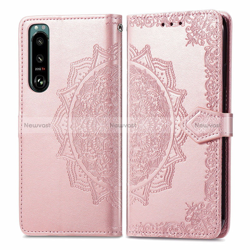 Leather Case Stands Fashionable Pattern Flip Cover Holder for Sony Xperia 5 III Rose Gold