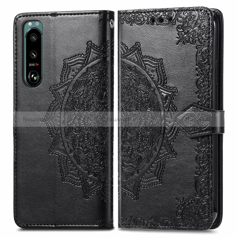Leather Case Stands Fashionable Pattern Flip Cover Holder for Sony Xperia 5 III SO-53B Black