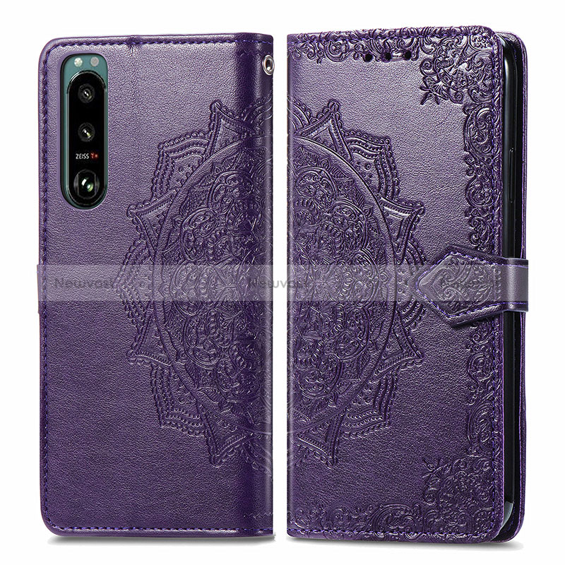 Leather Case Stands Fashionable Pattern Flip Cover Holder for Sony Xperia 5 III SO-53B Purple