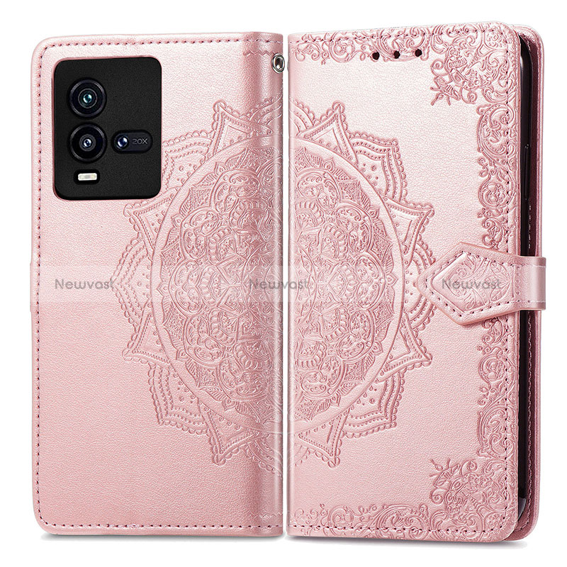 Leather Case Stands Fashionable Pattern Flip Cover Holder for Vivo iQOO 9T 5G Rose Gold