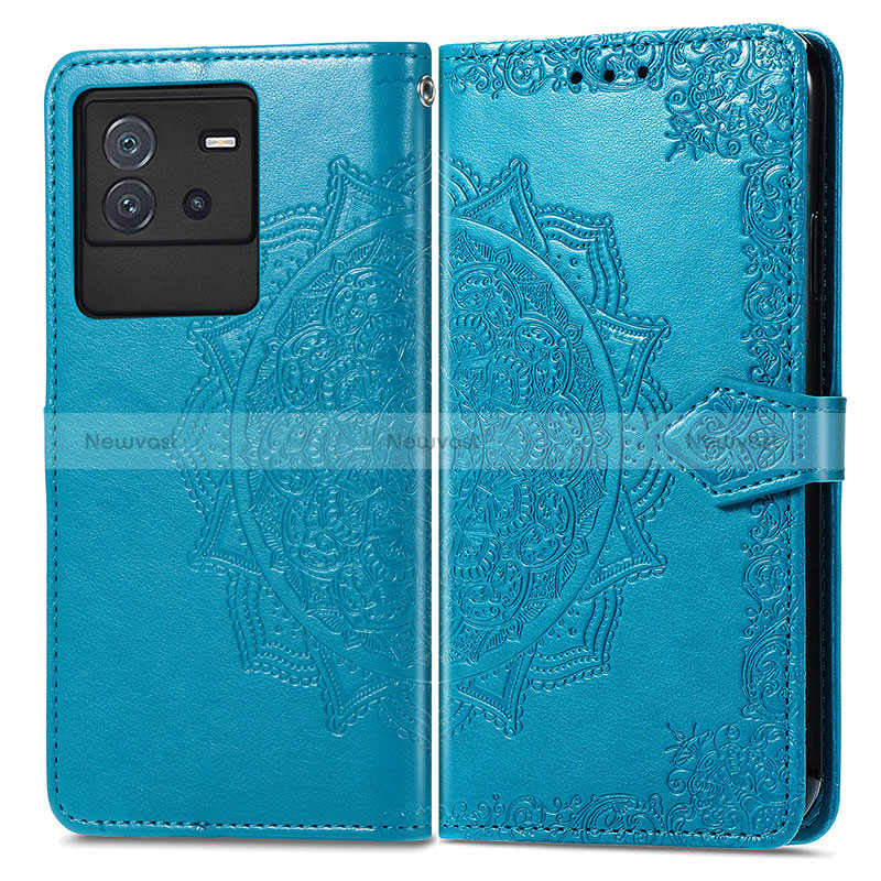 Leather Case Stands Fashionable Pattern Flip Cover Holder for Vivo iQOO Neo6 5G Blue