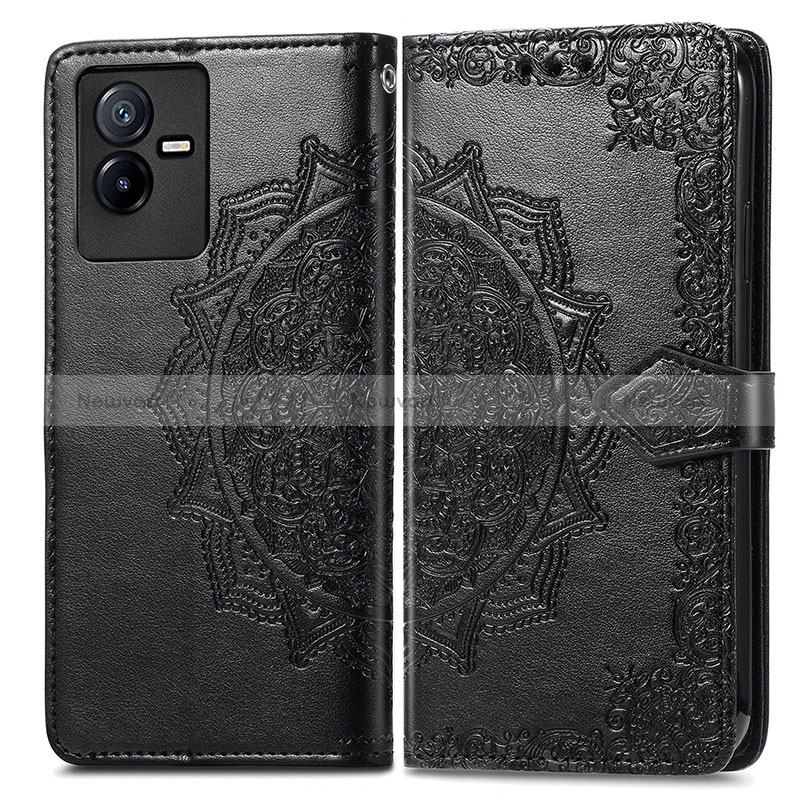 Leather Case Stands Fashionable Pattern Flip Cover Holder for Vivo iQOO Z6x Black