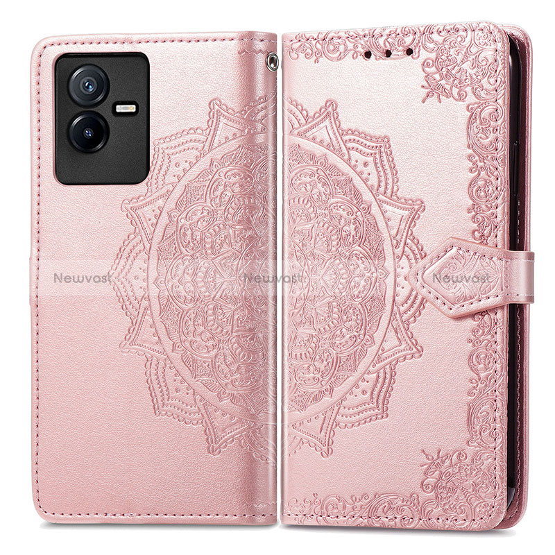 Leather Case Stands Fashionable Pattern Flip Cover Holder for Vivo iQOO Z6x Rose Gold