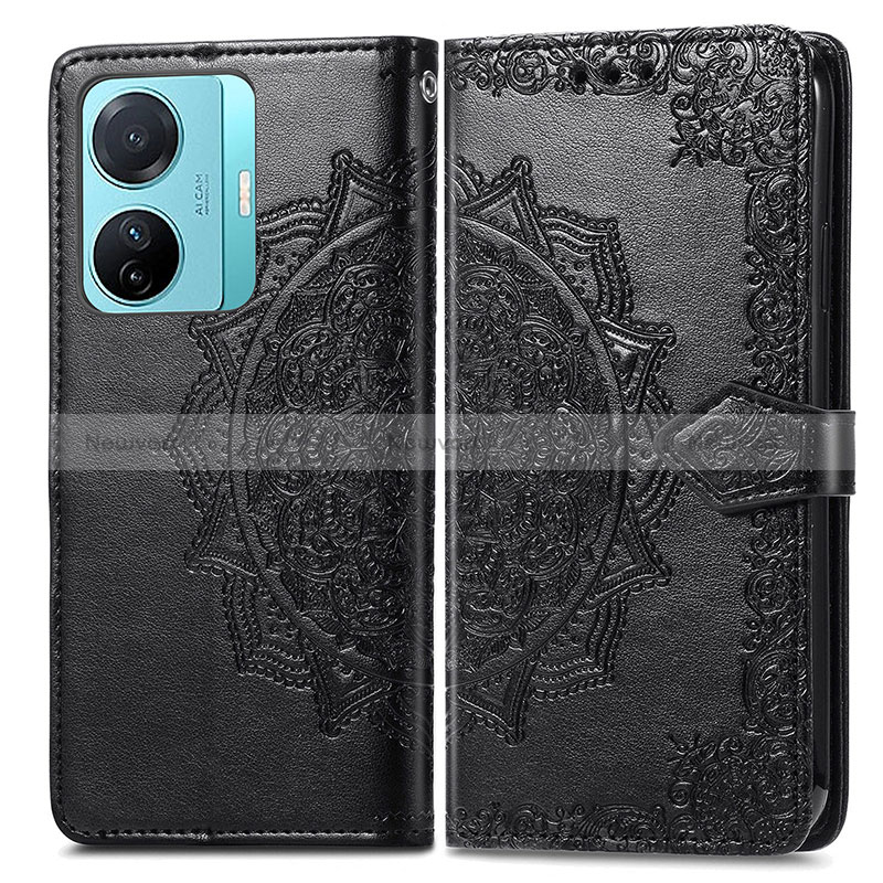 Leather Case Stands Fashionable Pattern Flip Cover Holder for Vivo T1 5G Black