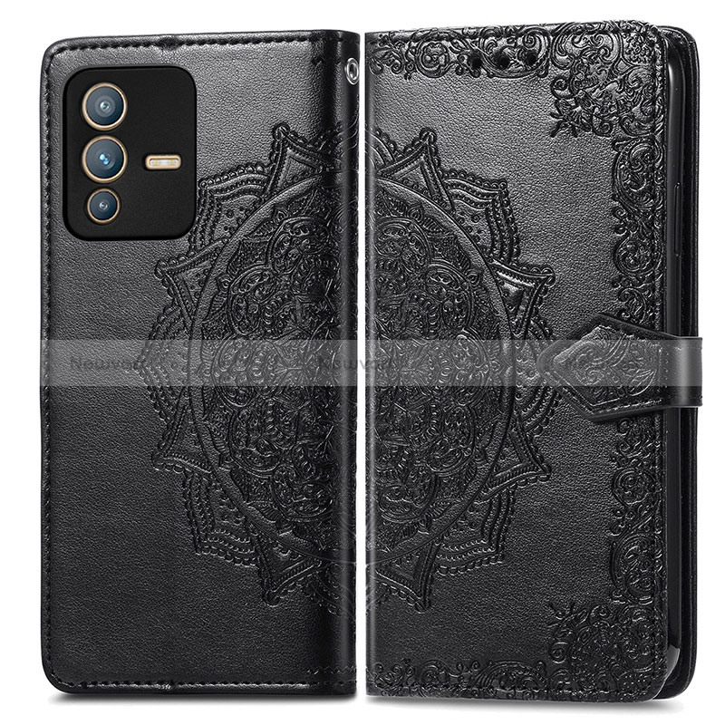 Leather Case Stands Fashionable Pattern Flip Cover Holder for Vivo V23 Pro 5G Black