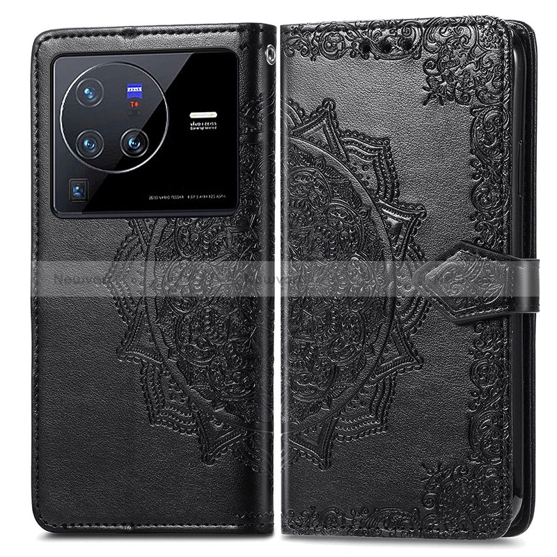 Leather Case Stands Fashionable Pattern Flip Cover Holder for Vivo X80 Pro 5G Black