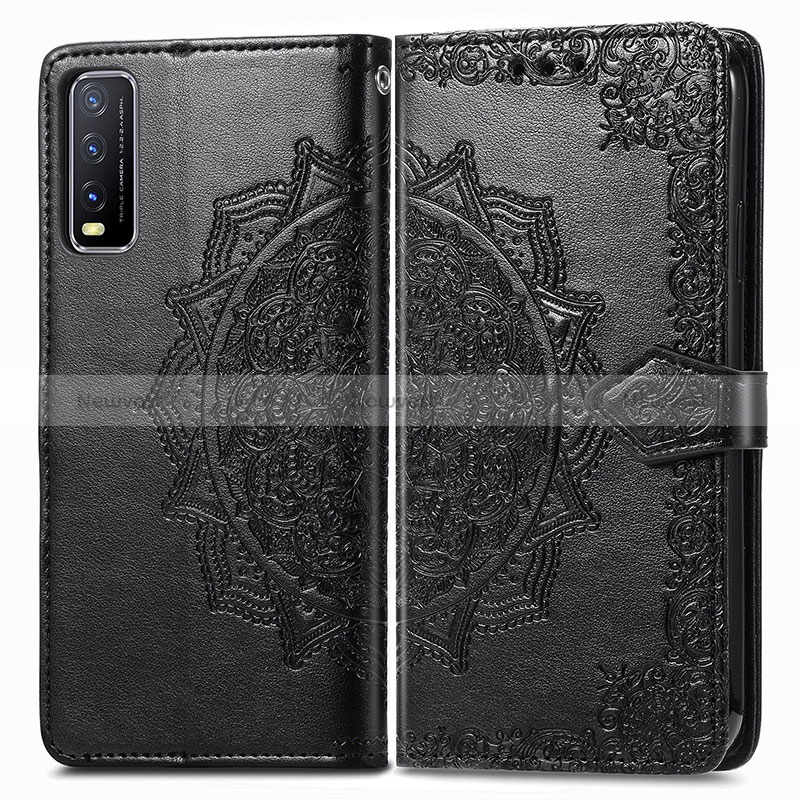 Leather Case Stands Fashionable Pattern Flip Cover Holder for Vivo Y12s (2021) Black