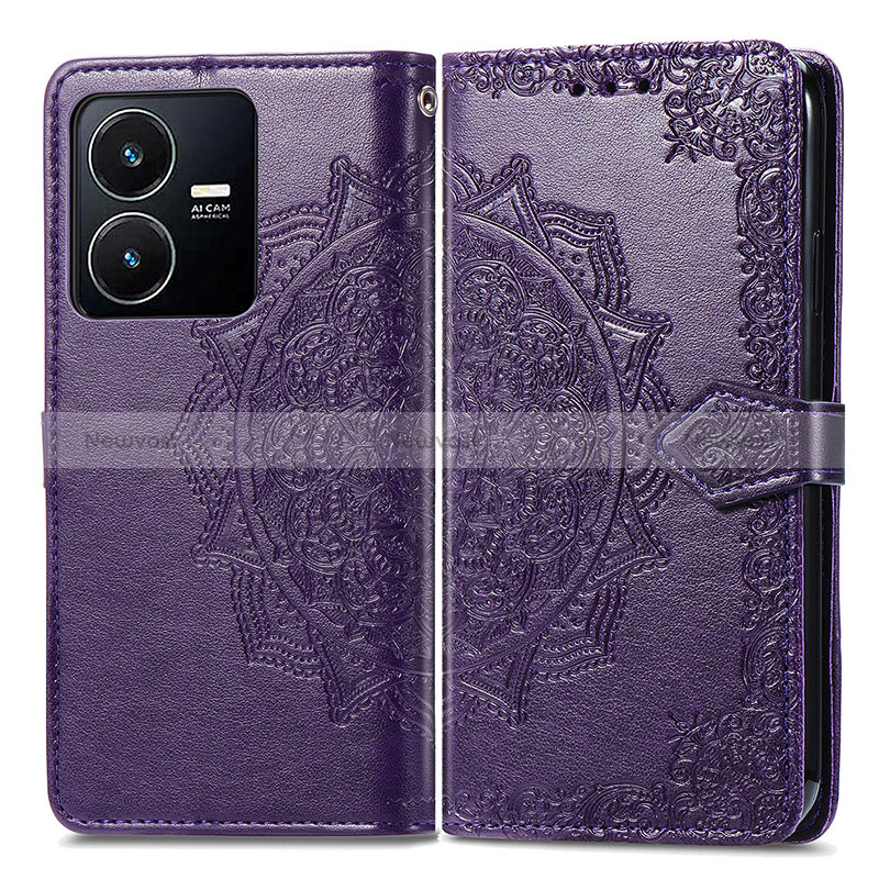 Leather Case Stands Fashionable Pattern Flip Cover Holder for Vivo Y22 Purple