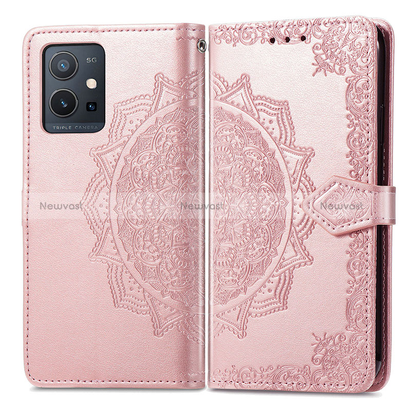 Leather Case Stands Fashionable Pattern Flip Cover Holder for Vivo Y55s 5G Rose Gold
