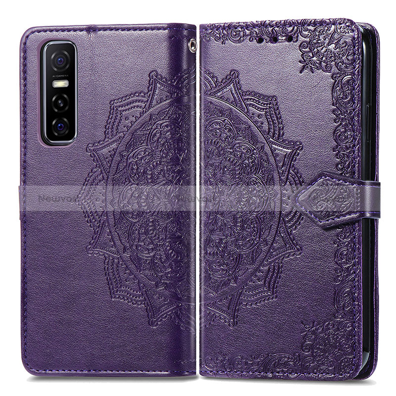 Leather Case Stands Fashionable Pattern Flip Cover Holder for Vivo Y73s 5G Purple