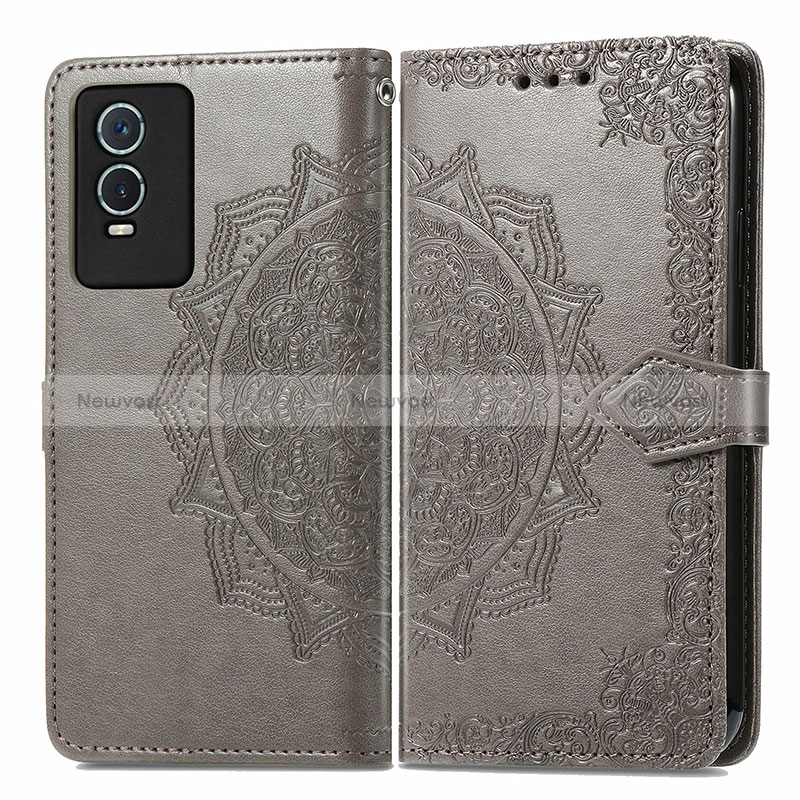 Leather Case Stands Fashionable Pattern Flip Cover Holder for Vivo Y74s 5G Gray