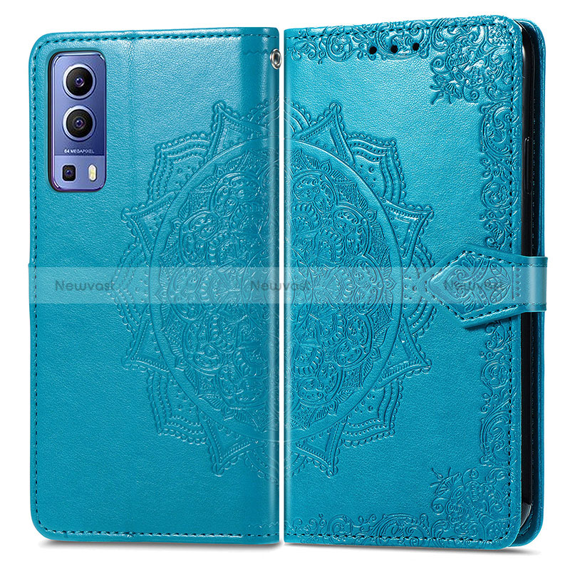 Leather Case Stands Fashionable Pattern Flip Cover Holder for Vivo Y75s 5G Blue