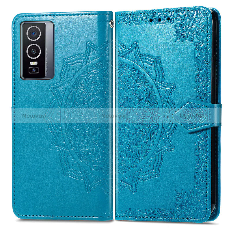 Leather Case Stands Fashionable Pattern Flip Cover Holder for Vivo Y76 5G Blue