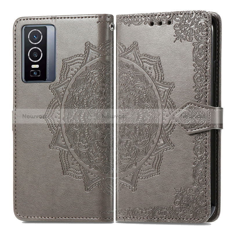 Leather Case Stands Fashionable Pattern Flip Cover Holder for Vivo Y76 5G Gray