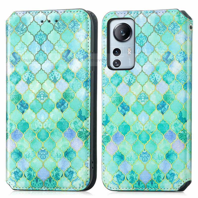 Leather Case Stands Fashionable Pattern Flip Cover Holder for Xiaomi Mi 12 Pro 5G Green