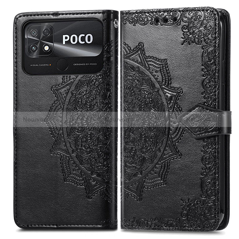 Leather Case Stands Fashionable Pattern Flip Cover Holder for Xiaomi Poco C40 Black