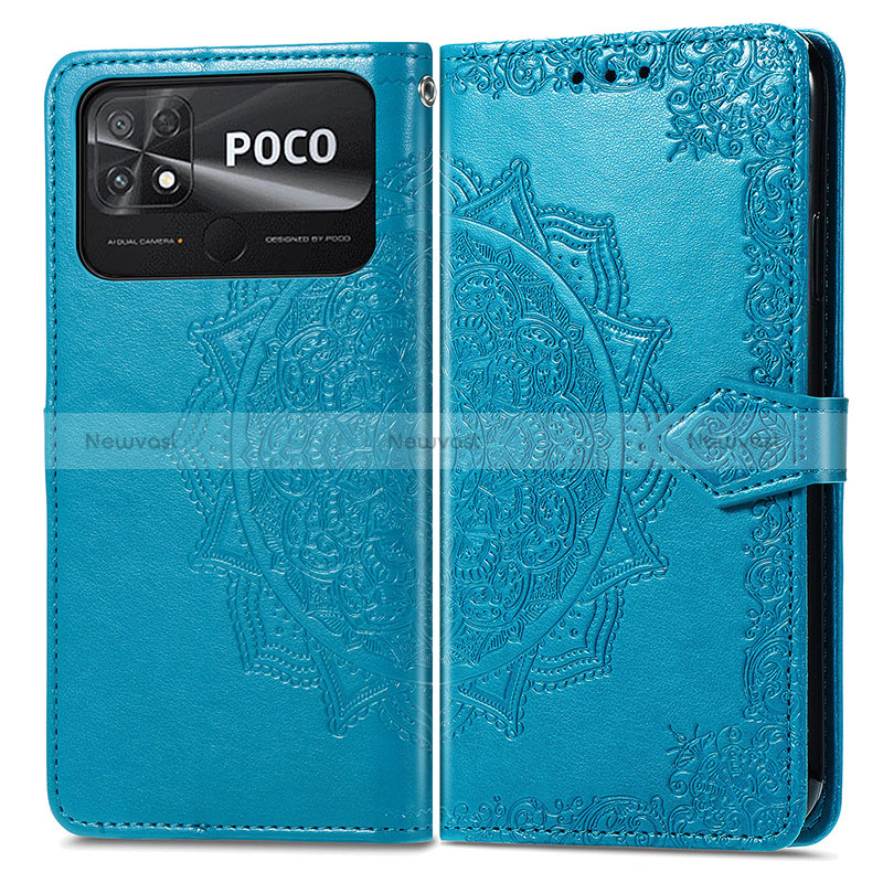 Leather Case Stands Fashionable Pattern Flip Cover Holder for Xiaomi Poco C40 Blue