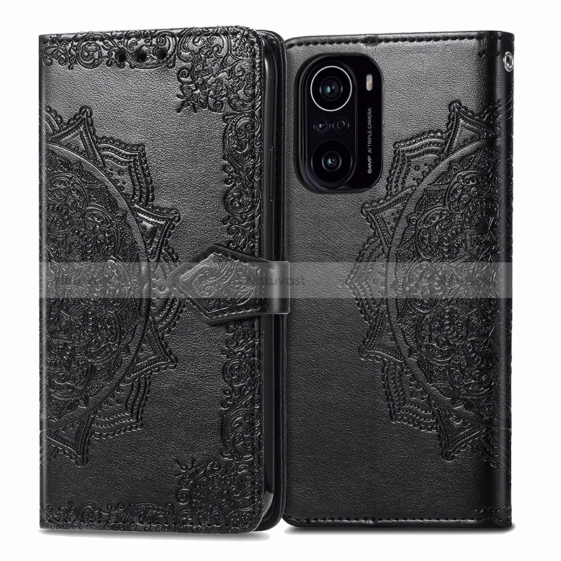 Leather Case Stands Fashionable Pattern Flip Cover Holder for Xiaomi Poco F3 5G Black