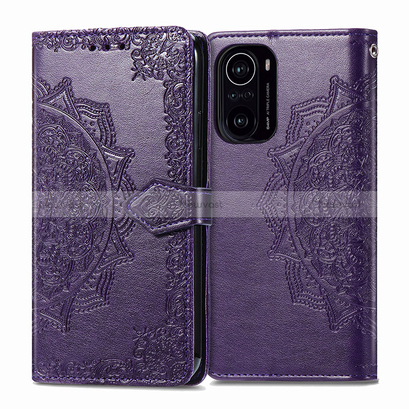 Leather Case Stands Fashionable Pattern Flip Cover Holder for Xiaomi Poco F3 5G Purple