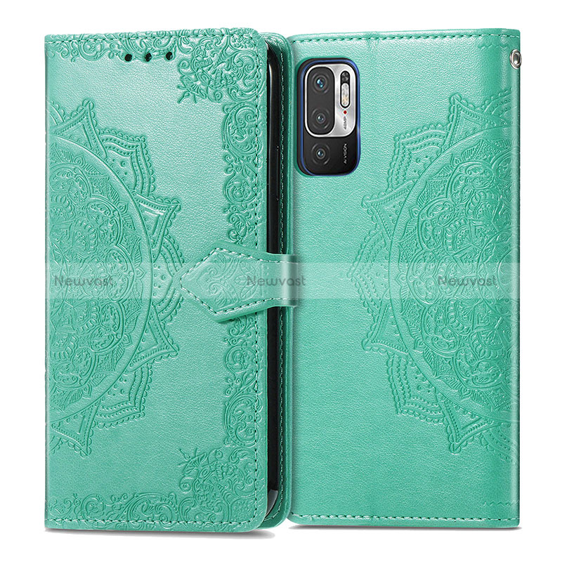 Leather Case Stands Fashionable Pattern Flip Cover Holder for Xiaomi POCO M3 Pro 5G Green