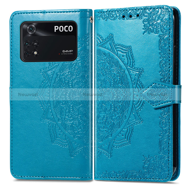 Leather Case Stands Fashionable Pattern Flip Cover Holder for Xiaomi Poco M4 Pro 4G Blue