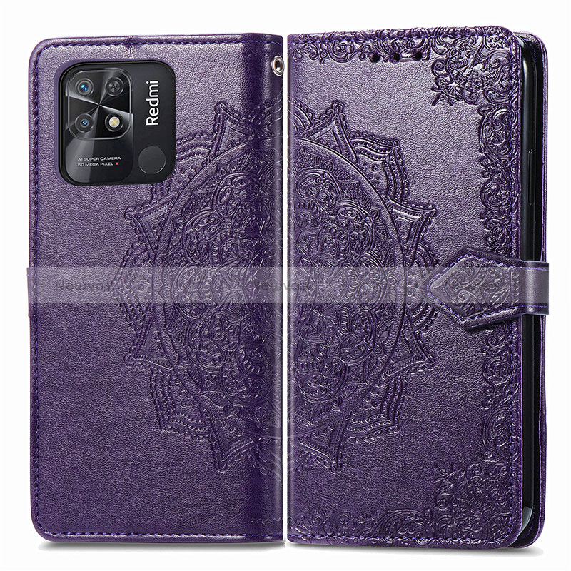 Leather Case Stands Fashionable Pattern Flip Cover Holder for Xiaomi Redmi 10 Power Purple