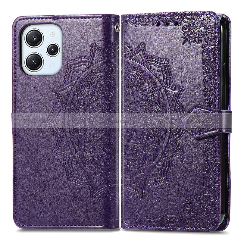 Leather Case Stands Fashionable Pattern Flip Cover Holder for Xiaomi Redmi 12 4G Purple