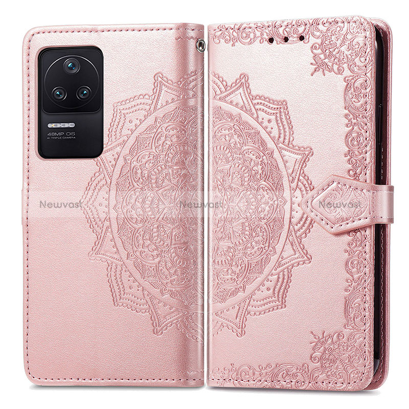 Leather Case Stands Fashionable Pattern Flip Cover Holder for Xiaomi Redmi K40S 5G Rose Gold