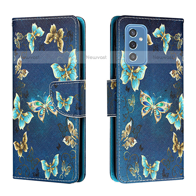 Leather Case Stands Fashionable Pattern Flip Cover Holder H01X for Samsung Galaxy M52 5G Navy Blue