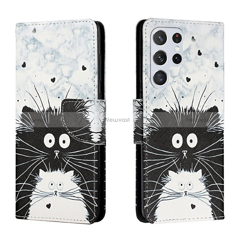 Leather Case Stands Fashionable Pattern Flip Cover Holder H01X for Samsung Galaxy S22 Ultra 5G Gray