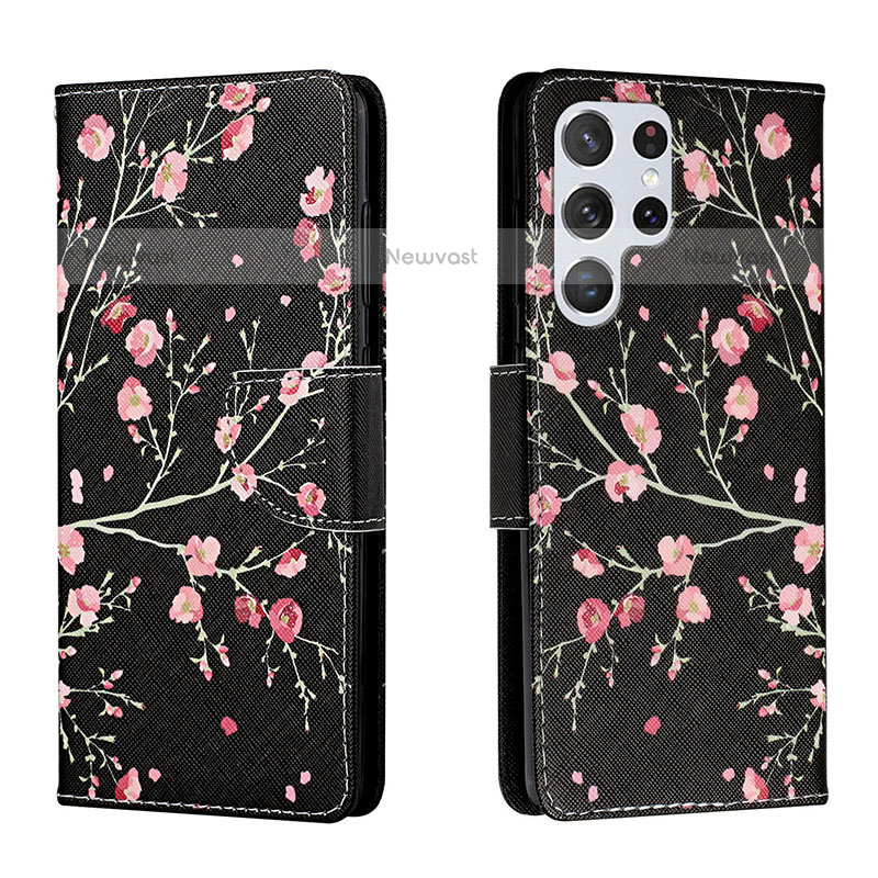 Leather Case Stands Fashionable Pattern Flip Cover Holder H01X for Samsung Galaxy S23 Ultra 5G Black