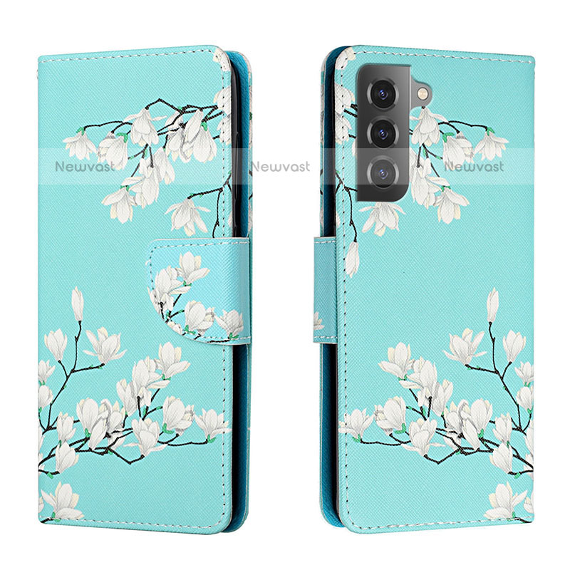 Leather Case Stands Fashionable Pattern Flip Cover Holder H02X for Samsung Galaxy S22 5G Cyan