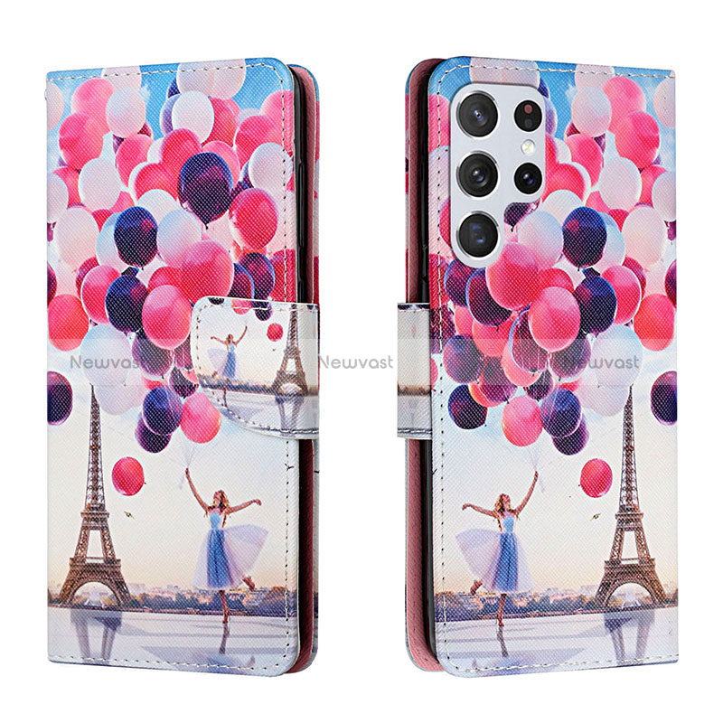 Leather Case Stands Fashionable Pattern Flip Cover Holder H02X for Samsung Galaxy S22 Ultra 5G