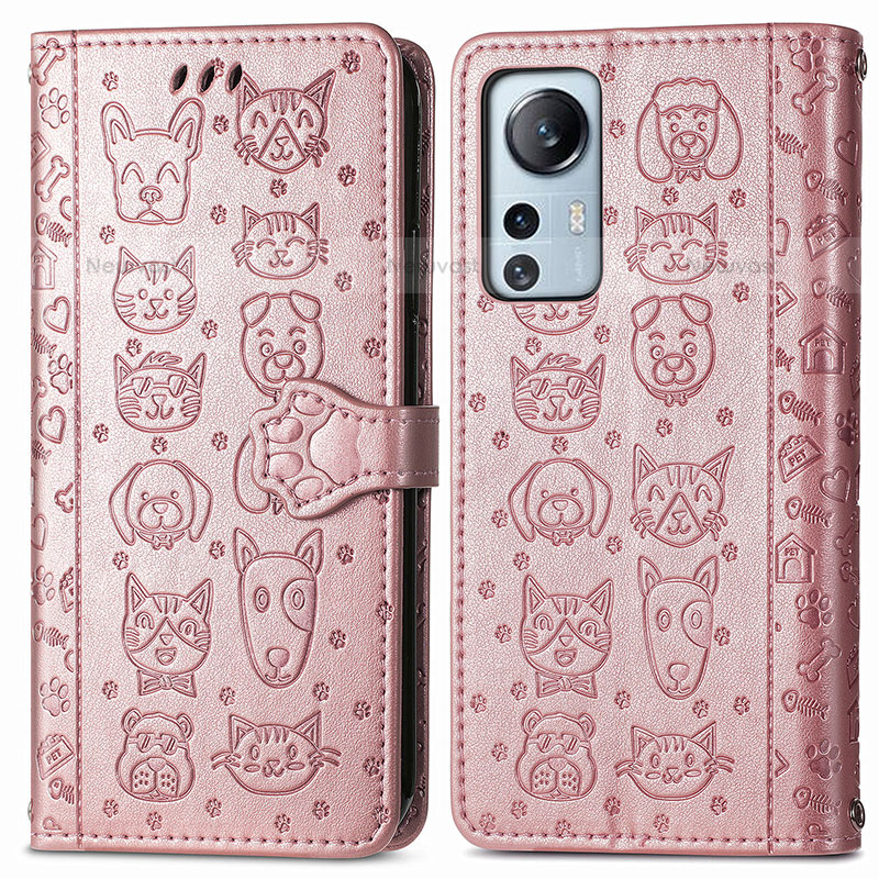 Leather Case Stands Fashionable Pattern Flip Cover Holder L01 for Xiaomi Mi 12X 5G Pink