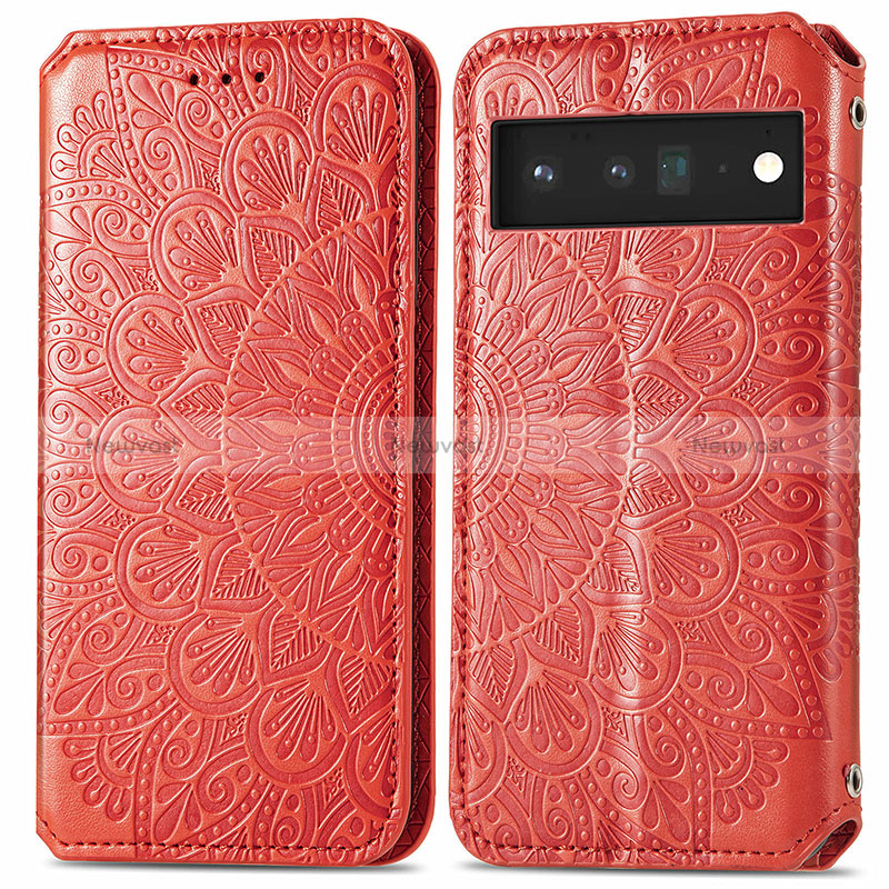 Leather Case Stands Fashionable Pattern Flip Cover Holder S01D for Google Pixel 6 5G Red