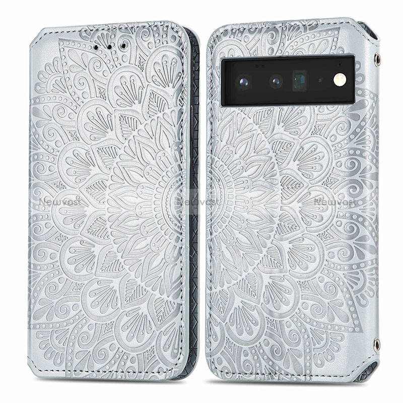 Leather Case Stands Fashionable Pattern Flip Cover Holder S01D for Google Pixel 6 5G Silver