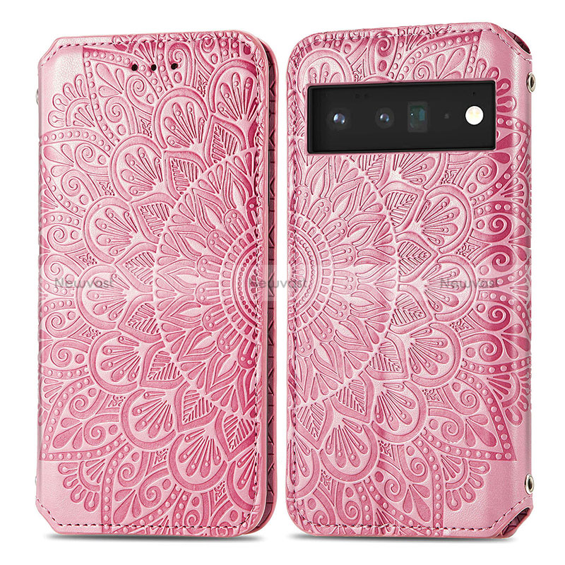 Leather Case Stands Fashionable Pattern Flip Cover Holder S01D for Google Pixel 6 Pro 5G Rose Gold