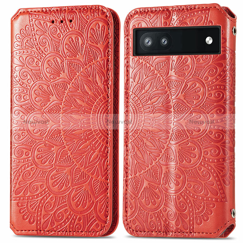 Leather Case Stands Fashionable Pattern Flip Cover Holder S01D for Google Pixel 6a 5G Red