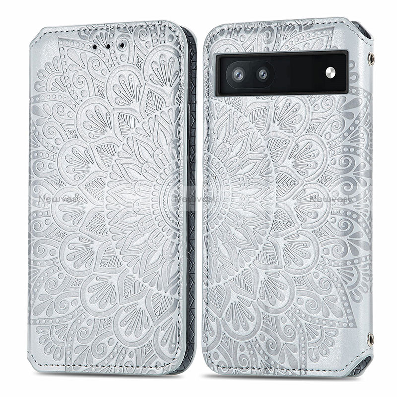 Leather Case Stands Fashionable Pattern Flip Cover Holder S01D for Google Pixel 6a 5G Silver