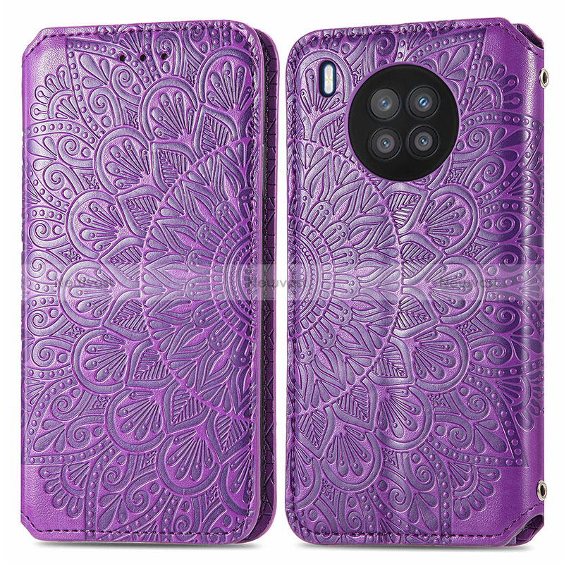 Leather Case Stands Fashionable Pattern Flip Cover Holder S01D for Huawei Honor 50 Lite Purple