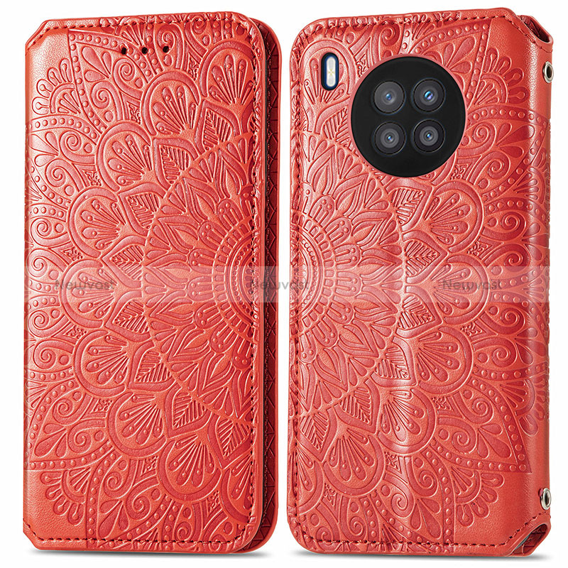 Leather Case Stands Fashionable Pattern Flip Cover Holder S01D for Huawei Honor 50 Lite Red