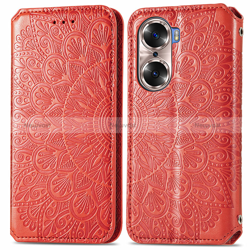 Leather Case Stands Fashionable Pattern Flip Cover Holder S01D for Huawei Honor 60 Pro 5G Red