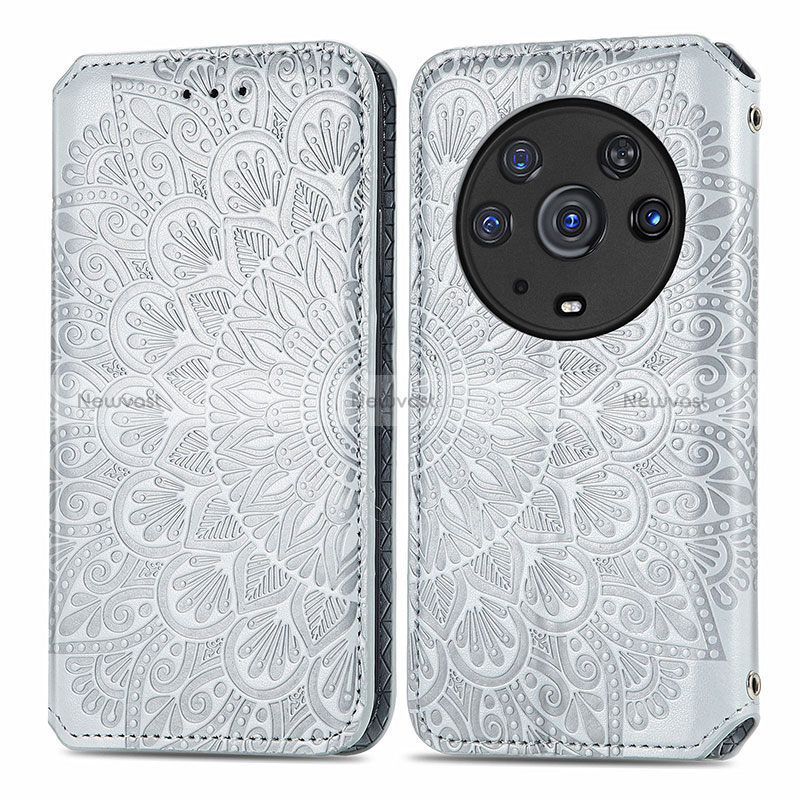 Leather Case Stands Fashionable Pattern Flip Cover Holder S01D for Huawei Honor Magic3 Pro 5G Silver