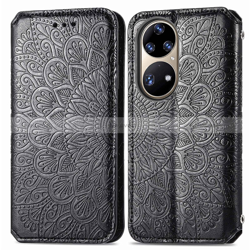 Leather Case Stands Fashionable Pattern Flip Cover Holder S01D for Huawei P50 Black