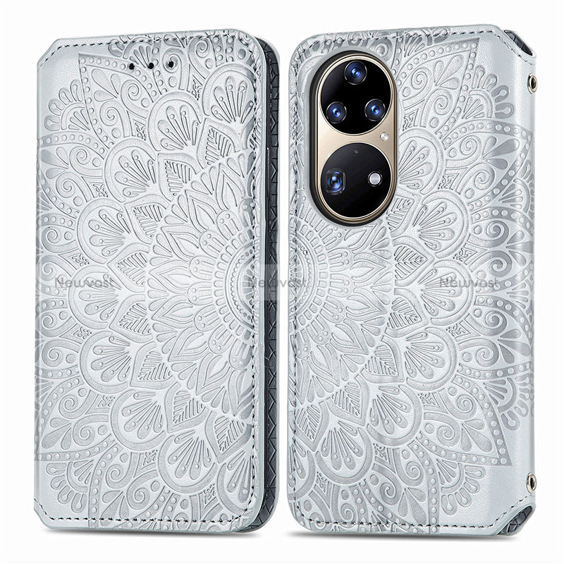 Leather Case Stands Fashionable Pattern Flip Cover Holder S01D for Huawei P50 Pro Silver